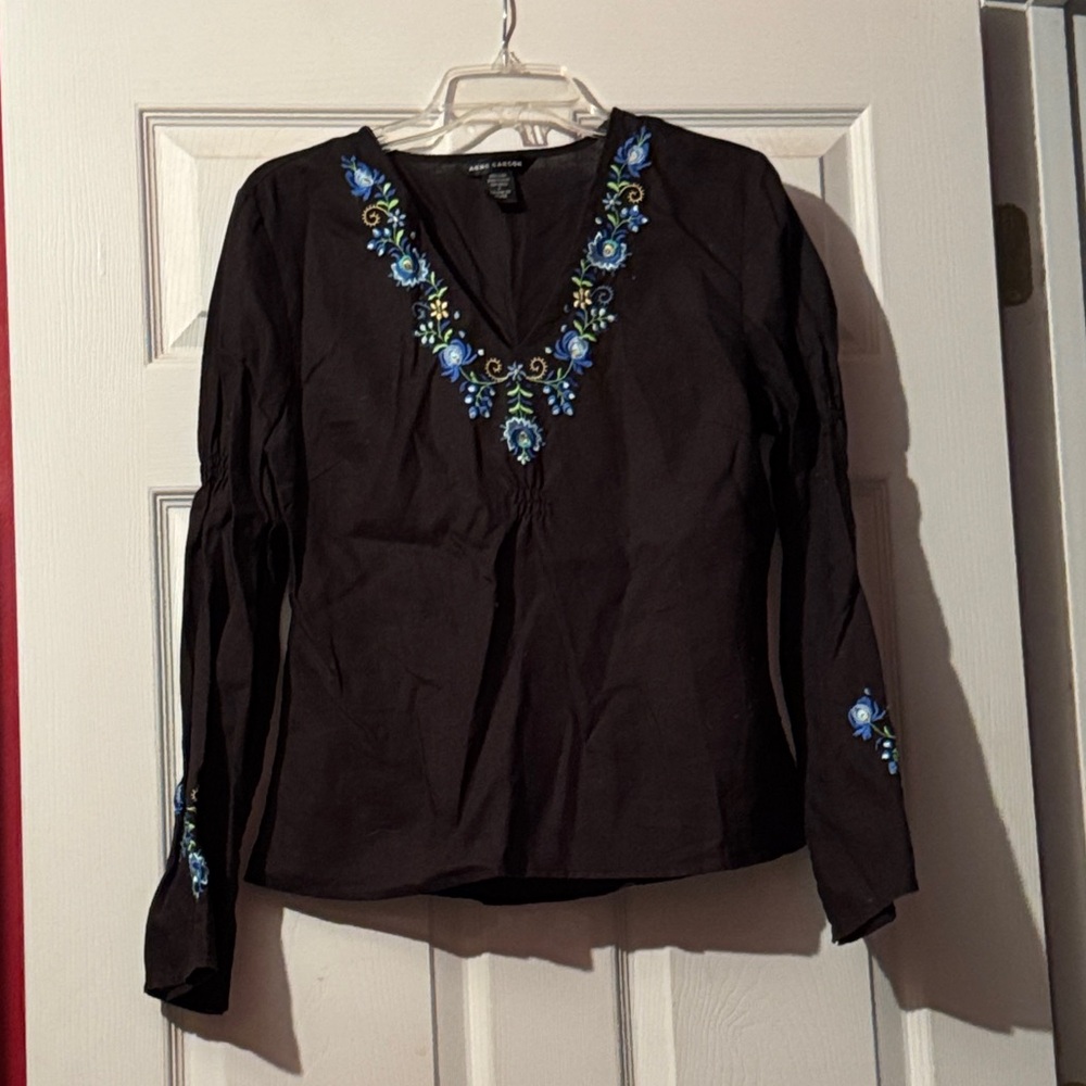 Anne Carson Black Blouse with Blue Embroidery